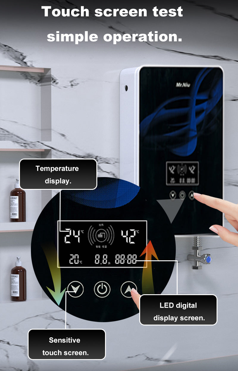 Mr.niu 220v 50/60hz led digital display touch control instant electric hot shower water heater under sink